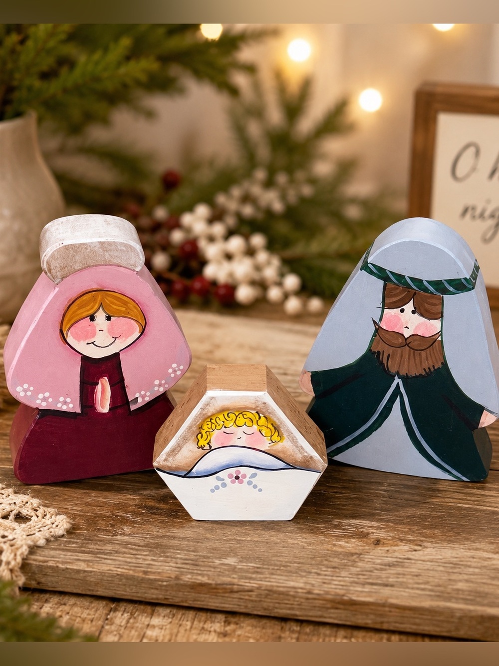 Handcrafted Wooden Nativity Set Folk Art Christmas Decor Holy Family 3 Piece